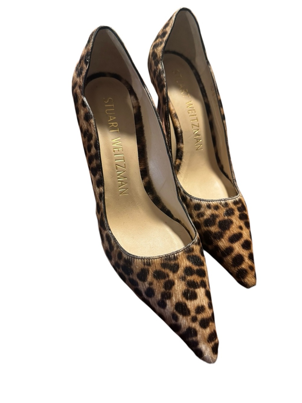 Stuart Weitzman Leopard Calf Hair Pointed Toe Pumps